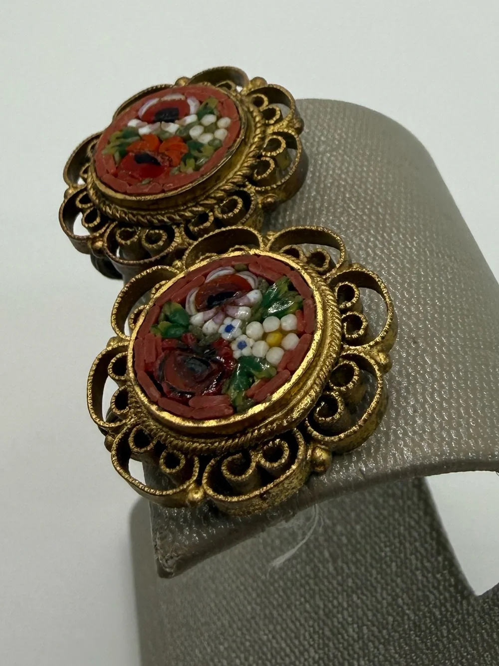 Vintage FAP Italian Micro Mosaic Floral Screwback Earrings Ornate Filigree